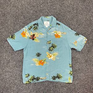 28 Palms Hawaiian Shirt Palm Leaves Silk Linen Tiki Party Blue Shirt Size Medium